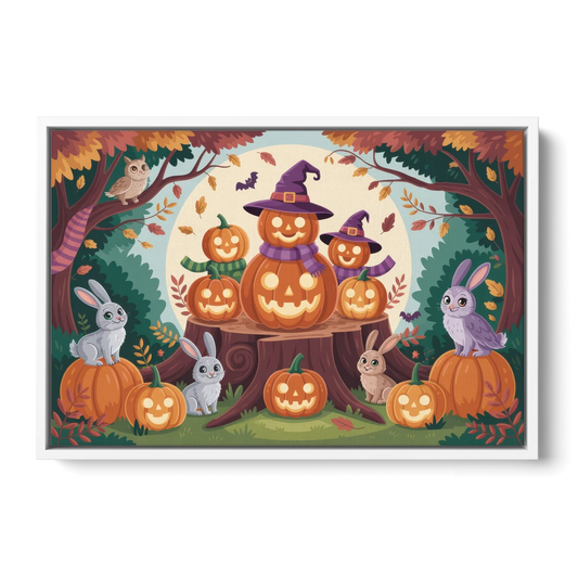 Whimsical Pumpkins Scene Cute Halloween - White Framed Canvas Wall Art - Front