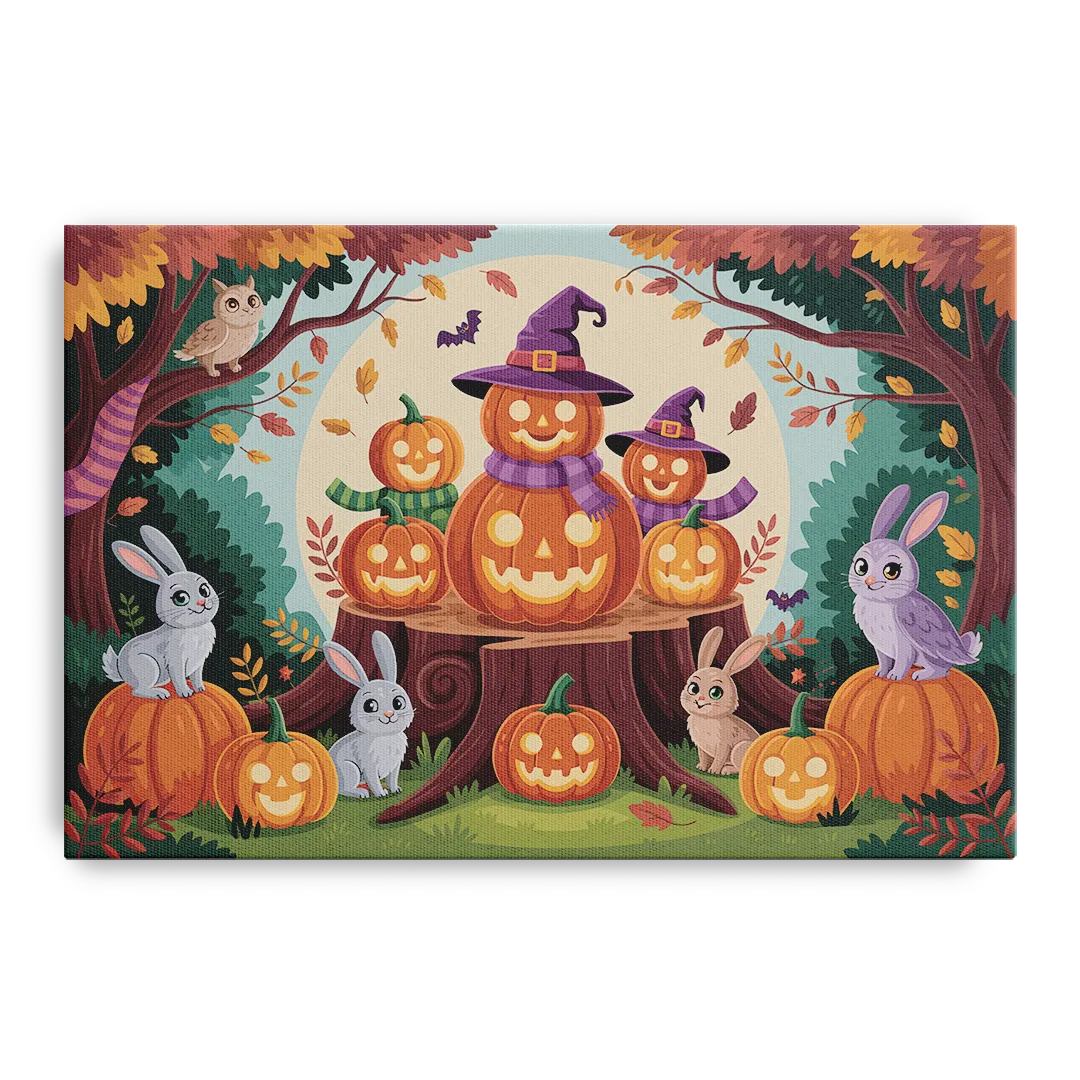 Whimsical Pumpkins Scene Cute Halloween - Canvas Wall Art