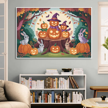 Whimsical Pumpkins Scene Cute Halloween Sitting Room - White Canvas Wall Art