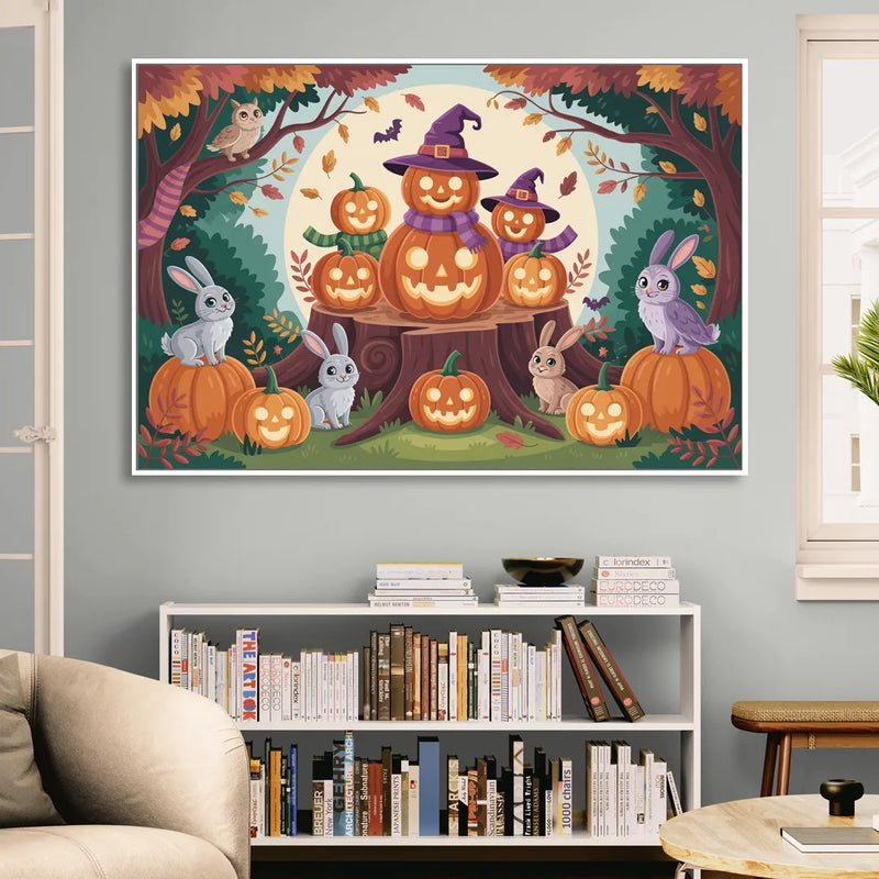 Whimsical Pumpkins Scene Cute Halloween Sitting Room - White Canvas Wall Art