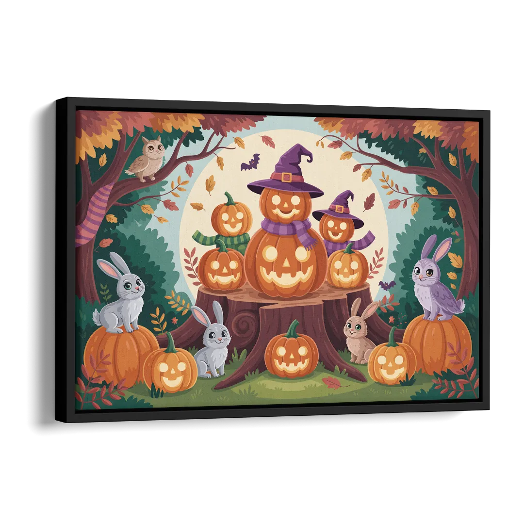 Whimsical Pumpkins Scene Cute Halloween Side - Black Canvas Wall Art