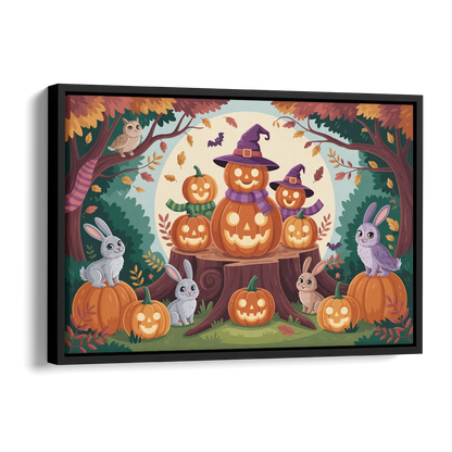 Whimsical Pumpkins Scene Cute Halloween Side - Black Canvas Wall Art