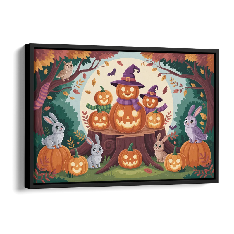 Whimsical Pumpkins Scene Cute Halloween Side - Black Canvas Wall Art