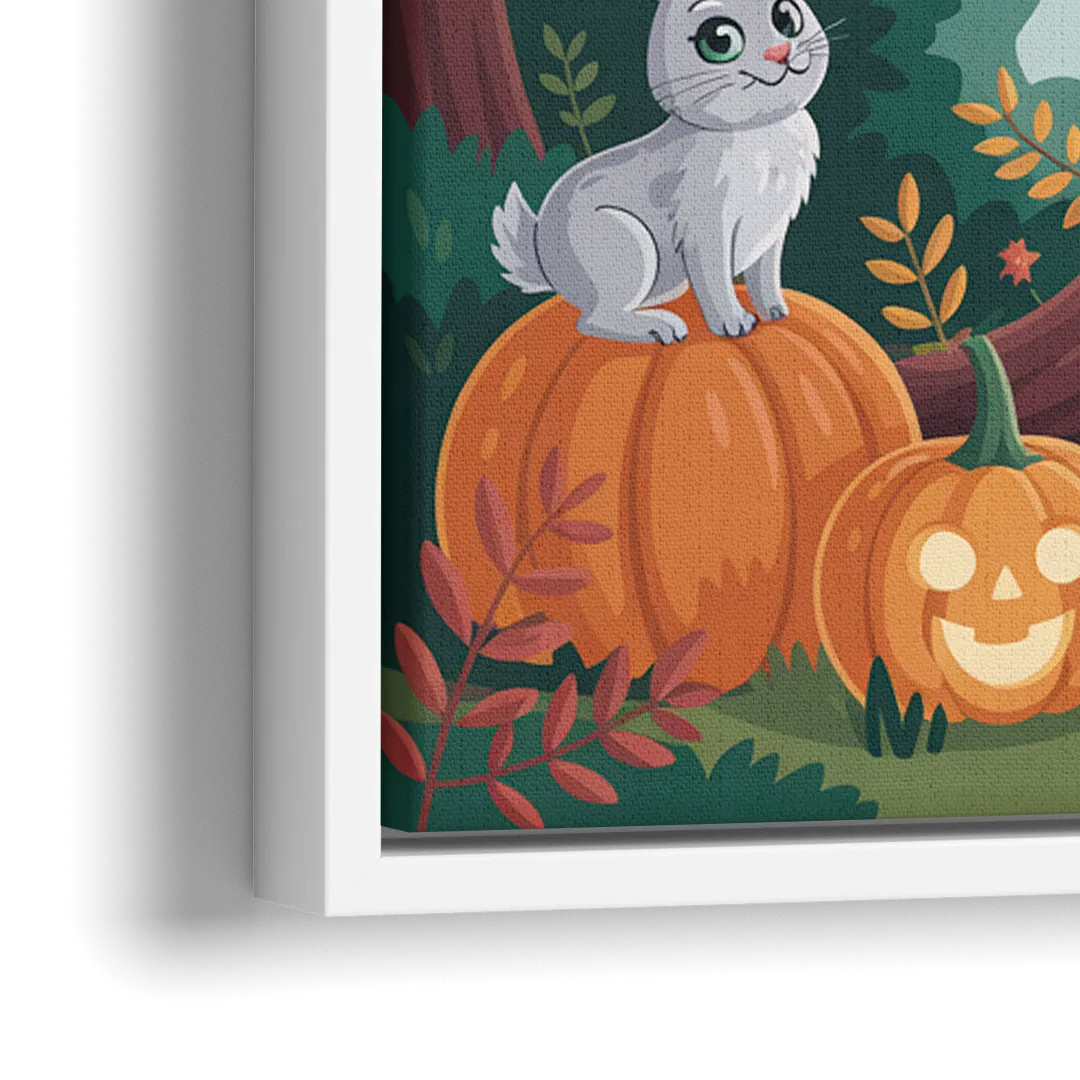 Whimsical Pumpkins Scene Cute Halloween - Close-Up White Frame Canvas