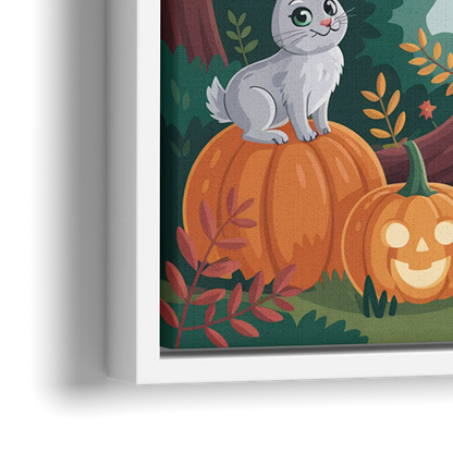 Whimsical Pumpkins Scene Cute Halloween - Close-Up White Frame Canvas