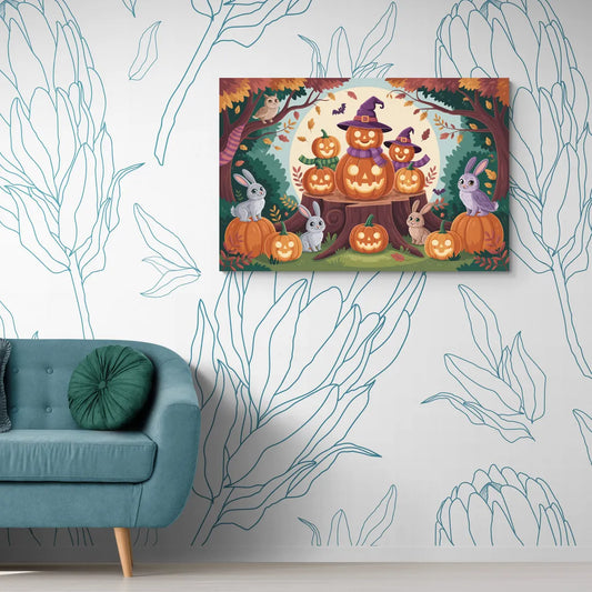 Whimsical Pumpkins Scene Cute Halloween - Canvas Wall Art Living Room