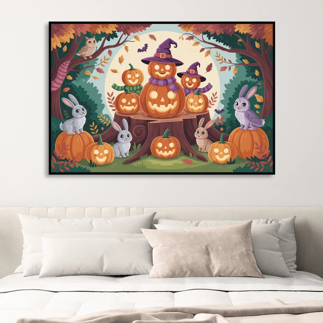 Whimsical Pumpkins Scene Cute Halloween Sitting Room - Black Canvas Wall Art