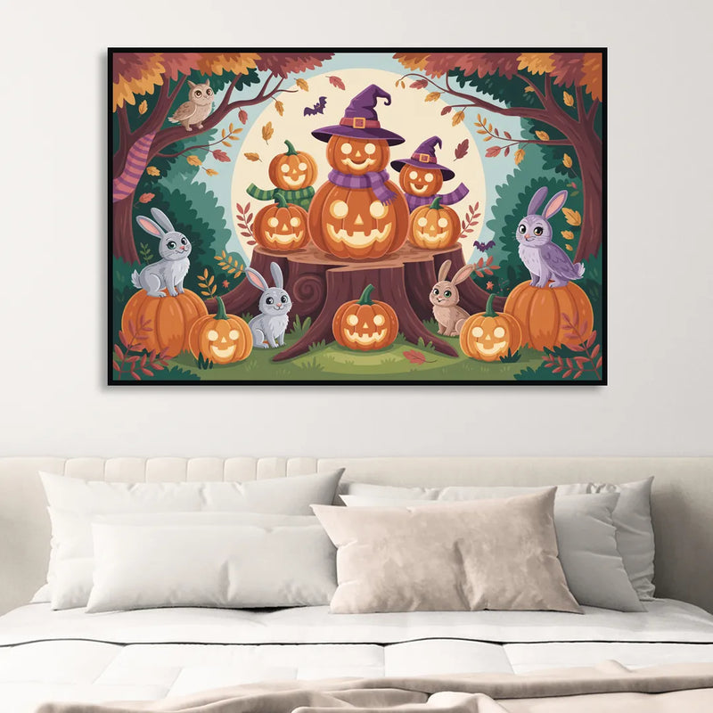 Whimsical Pumpkins Scene Cute Halloween Sitting Room - Black Canvas Wall Art