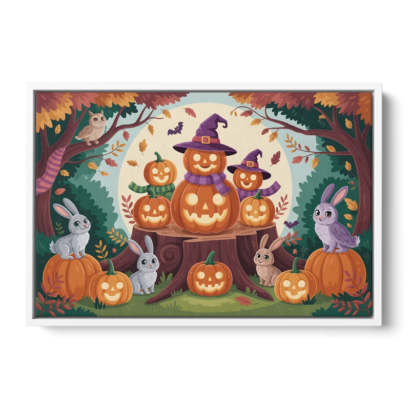 Whimsical Pumpkins Scene Cute Halloween Front - White Canvas Wall Art