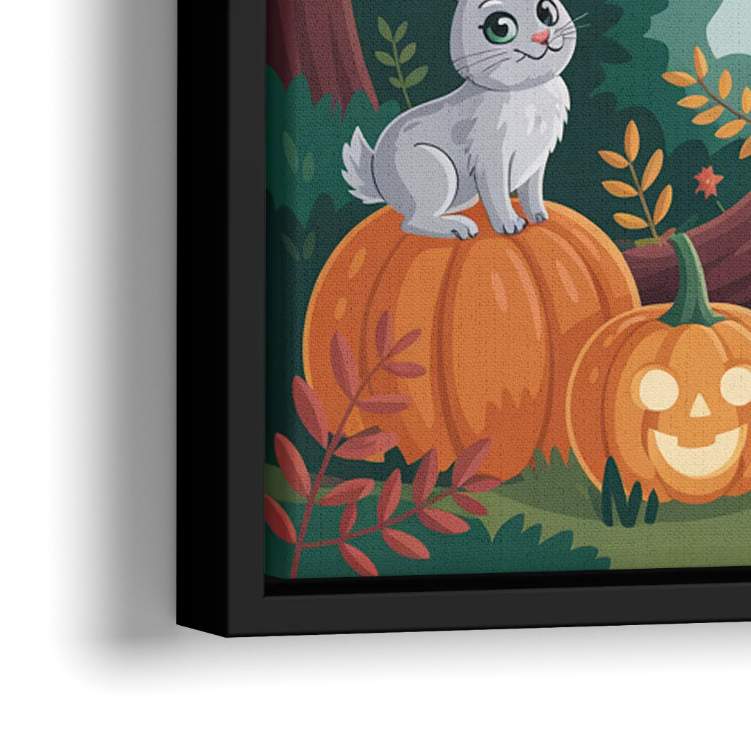 Whimsical Pumpkins Scene Cute Halloween - Close-Up Black Frame Canvas