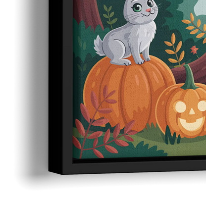 Whimsical Pumpkins Scene Cute Halloween - Close-Up Black Frame Canvas