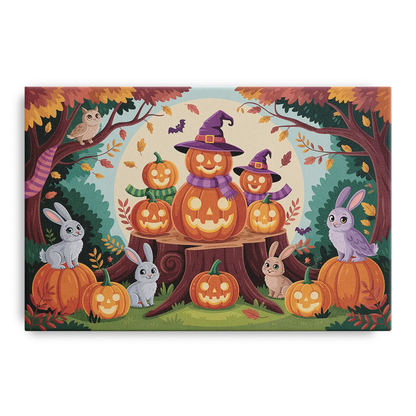 Whimsical Pumpkins Scene Cute Halloween Front - Canvas Wall Art