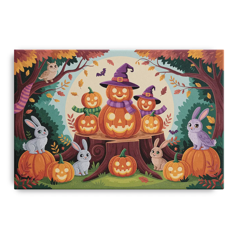 Whimsical Pumpkins Scene Cute Halloween Front - Canvas Wall Art