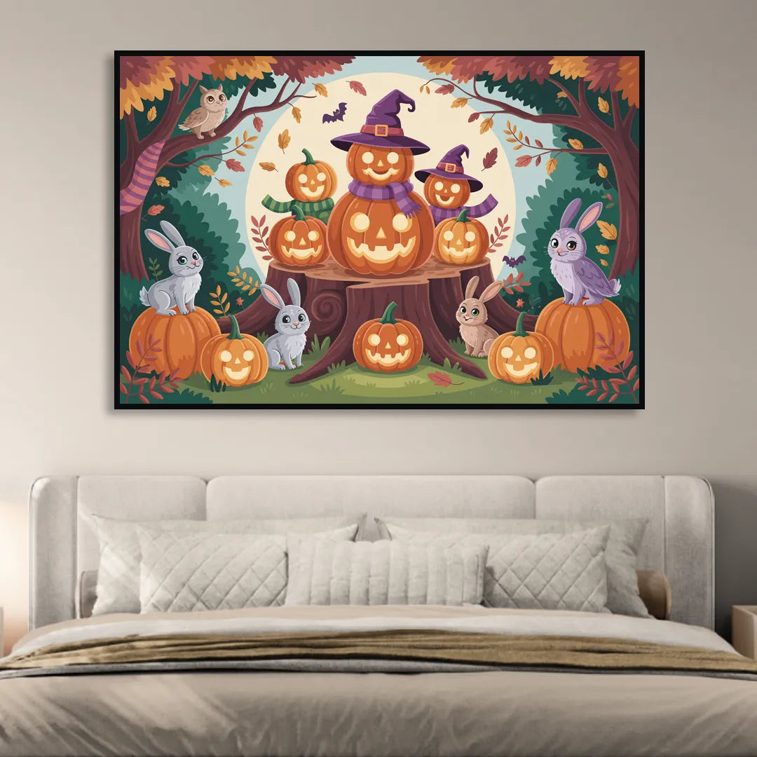 Whimsical Pumpkins Scene Cute Halloween Living Room - Black Canvas Wall Art