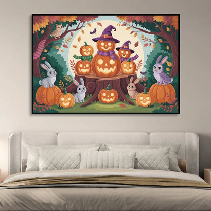 Whimsical Pumpkins Scene Cute Halloween Living Room - Black Canvas Wall Art