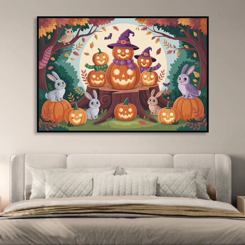 Whimsical Pumpkins Scene Cute Halloween Living Room - Black Canvas Wall Art