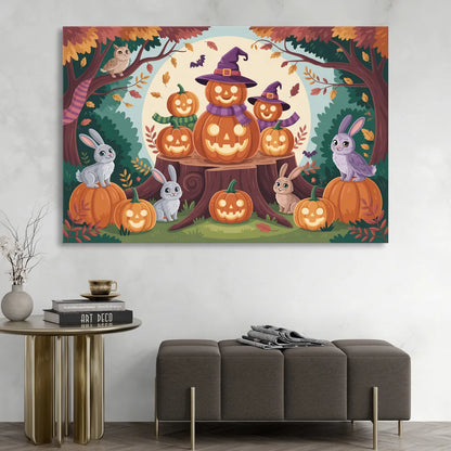 Whimsical Pumpkins Scene Cute Halloween Sitting Room - Canvas Wall Art