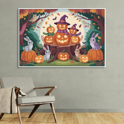 Whimsical Pumpkins Scene Cute Halloween Living Room - White Canvas Wall Art