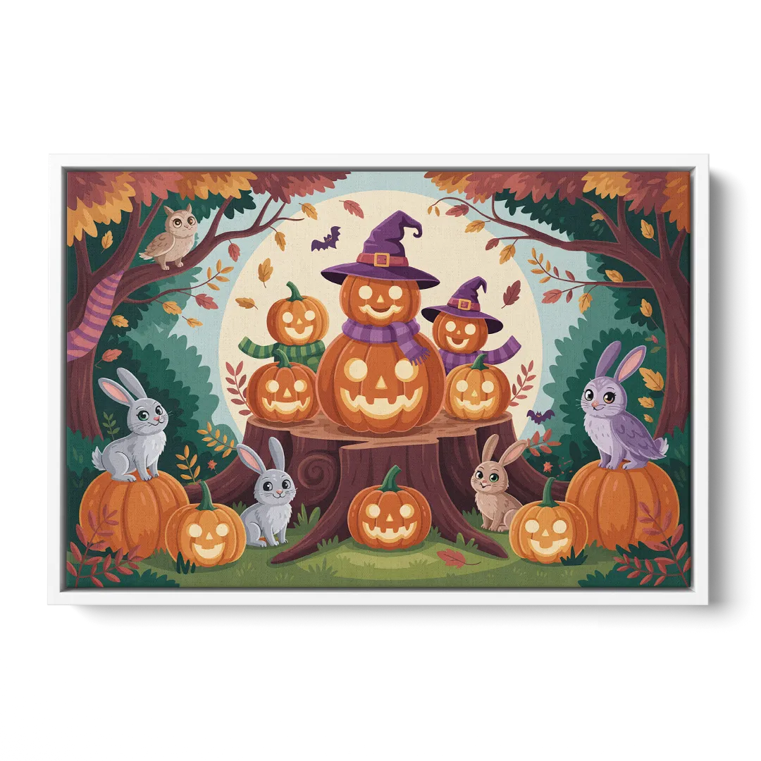 Whimsical Pumpkins Scene Cute Halloween - White Frame Canvas