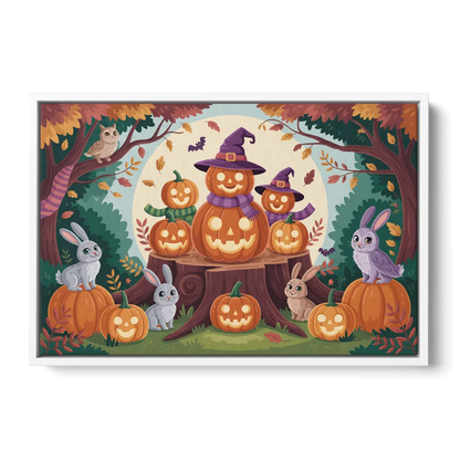 Whimsical Pumpkins Scene Cute Halloween - White Frame Canvas