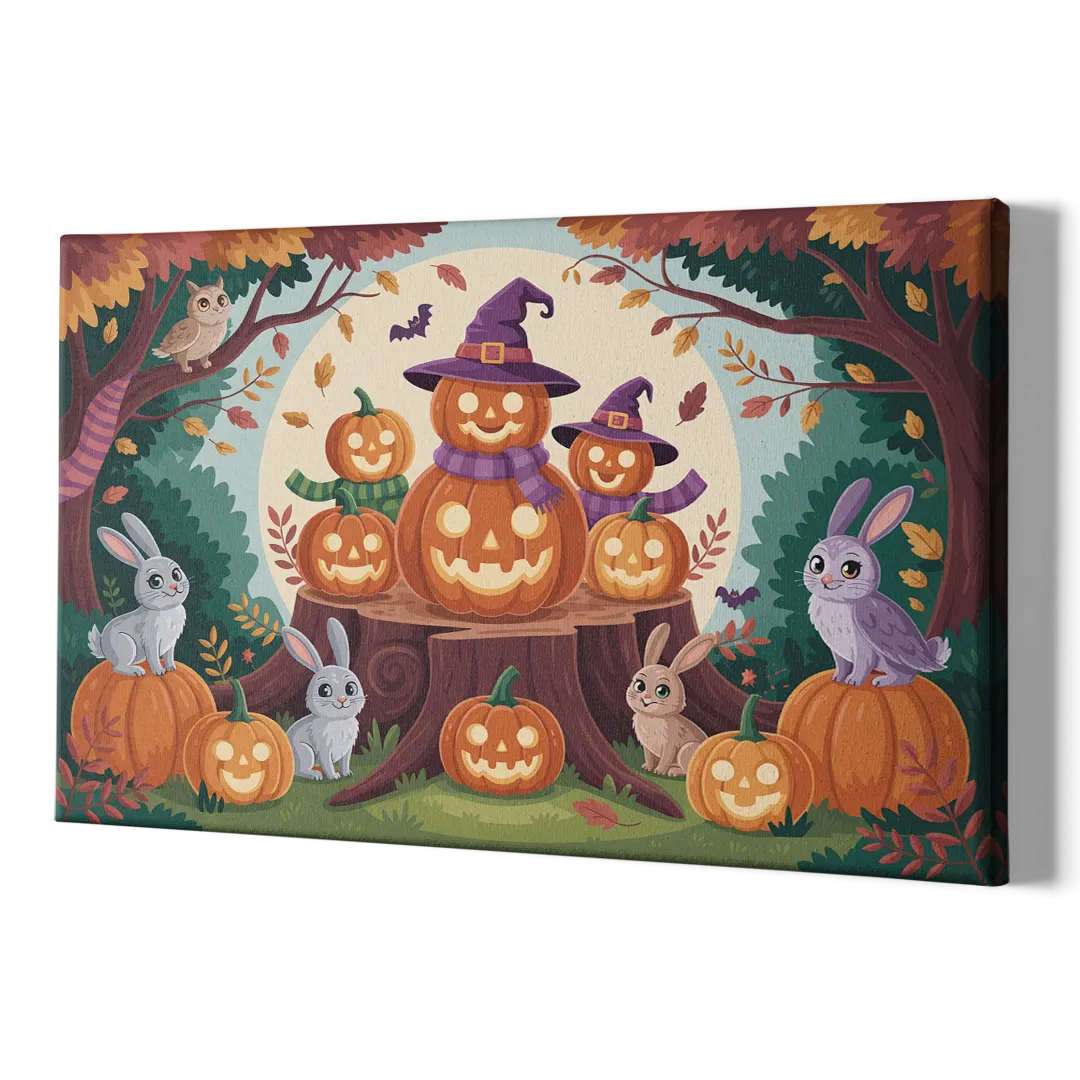 Whimsical Pumpkins Scene Cute Halloween - Canvas Print Art Sides