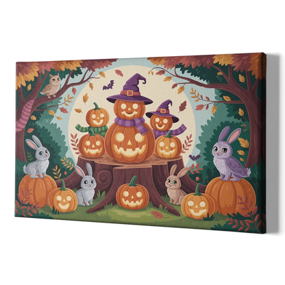Whimsical Pumpkins Scene Cute Halloween - Canvas Print Art Sides