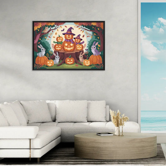 Whimsical Pumpkins Scene Cute Halloween - Living Room Black Frame Canvas