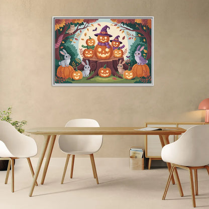 Whimsical Pumpkins Scene Cute Halloween - Living Room White Frame Canvas