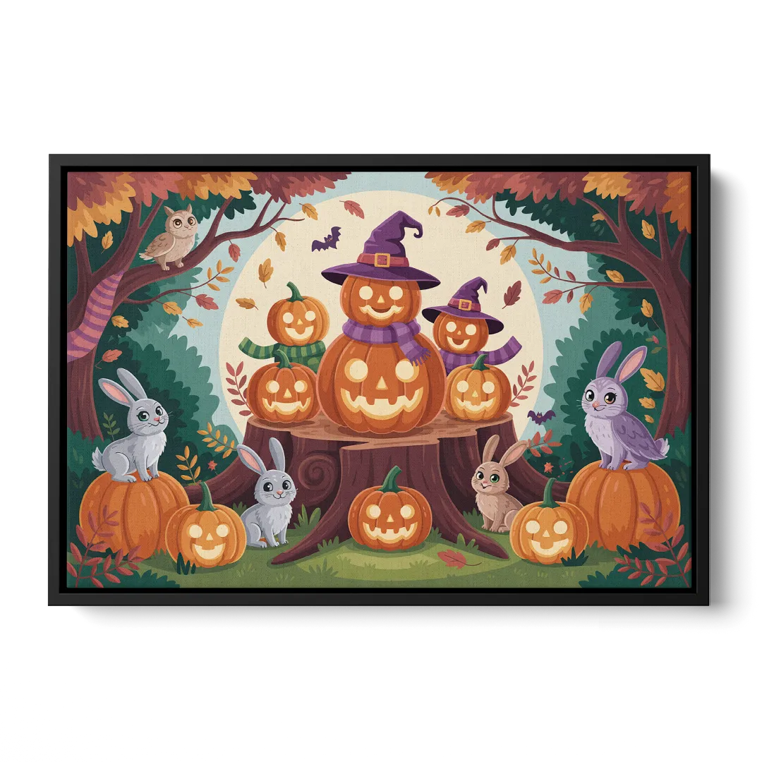 Whimsical Pumpkins Scene Cute Halloween Front - Black Canvas Wall Art