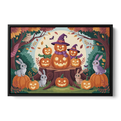 Whimsical Pumpkins Scene Cute Halloween Front - Black Canvas Wall Art