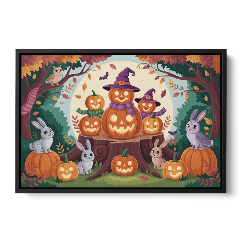 Whimsical Pumpkins Scene Cute Halloween Front - Black Canvas Wall Art