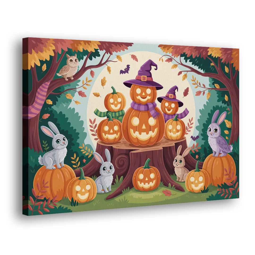 Whimsical Pumpkins Scene Cute Halloween Side - Canvas Wall Art