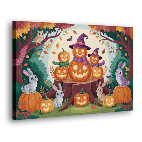 Whimsical Pumpkins Scene Cute Halloween - Canvas Wall Art