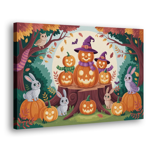 Whimsical Pumpkins Scene Cute Halloween Side - Canvas Wall Art