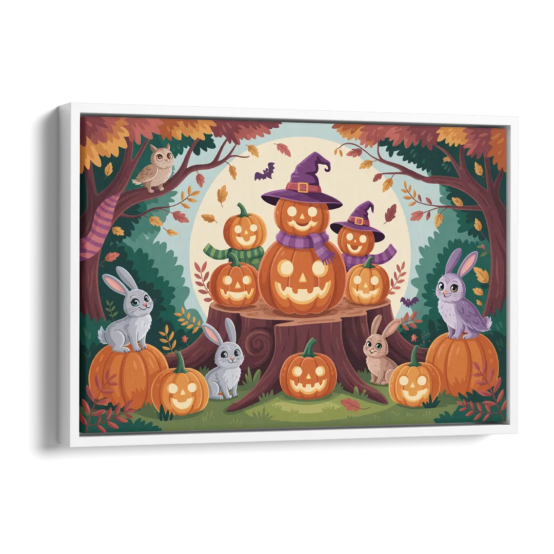 Whimsical Pumpkins Scene Cute Halloween Side - White Canvas Wall Art