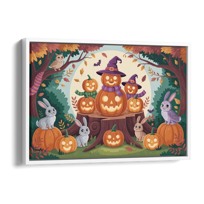 Whimsical Pumpkins Scene Cute Halloween Side - White Canvas Wall Art