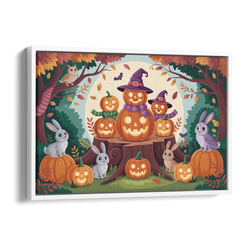 Whimsical Pumpkins Scene Cute Halloween Side - White Canvas Wall Art