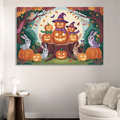 Whimsical Pumpkins Scene Cute Halloween Living Room - Canvas Wall Art