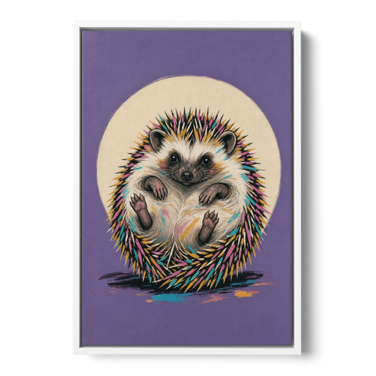 Whimsical Wall Decor Hedgehog Stuck on Its Back - White Framed Canvas Wall Art - Front