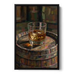 Whiskey Barrel Wall Art with Settled Ice in Amber - Black Framed Canvas Wall Art - Front