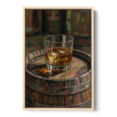 Whiskey Barrel Wall Art with Settled Ice in Amber - Oak Framed Canvas Wall Art - Front