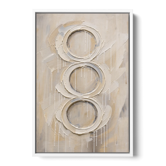 White Abstract Wall Art with Three Stacked Rings - White Framed Canvas Wall Art - Front