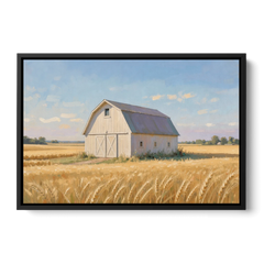 White Barn Beyond the Golden Wheat - Black Framed Canvas Wall Art - Front