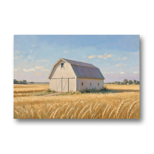White Barn Beyond the Golden Wheat - Canvas Wall Art - Front
