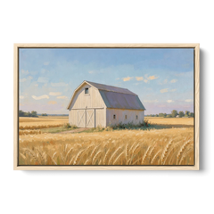White Barn Beyond the Golden Wheat - Oak Framed Canvas Wall Art - Front