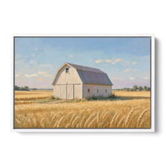White Barn Beyond the Golden Wheat - White Framed Canvas Wall Art - Front