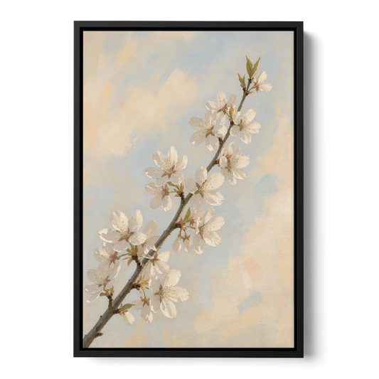 Impressionist White Cherry Blossom Branch in Morning Light - Black Framed Canvas Wall Art - Front