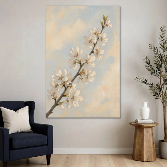 Impressionist White Cherry Blossom Branch in Morning Light - Canvas Wall Art - Sofa - 40x60
