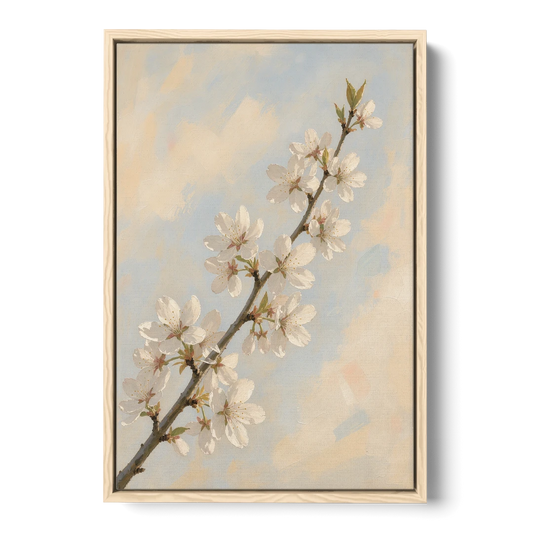 Impressionist White Cherry Blossom Branch in Morning Light - Oak Framed Canvas Wall Art - Front