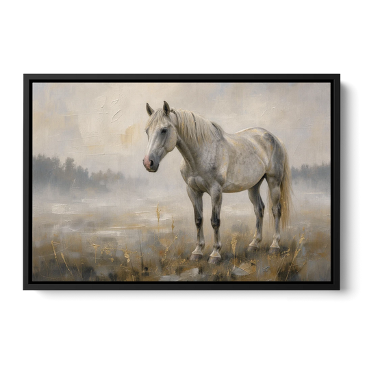 White Horse Painting in Morning Mist - Black Framed Canvas Wall Art - Front